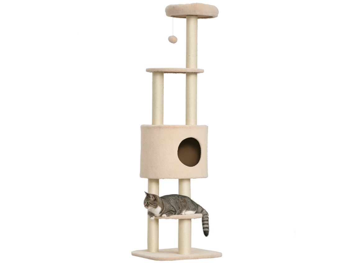 Árvore para Gatos com Poste Arranhador Árvore para Gatos com Casinha e Plataformas Macio de Alta Densidade Altura 148 Cm Bege Ge