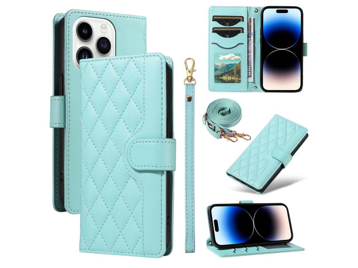 Capa Com Cordão Para Iphone 14 Pro Max Pele Sintética Verde