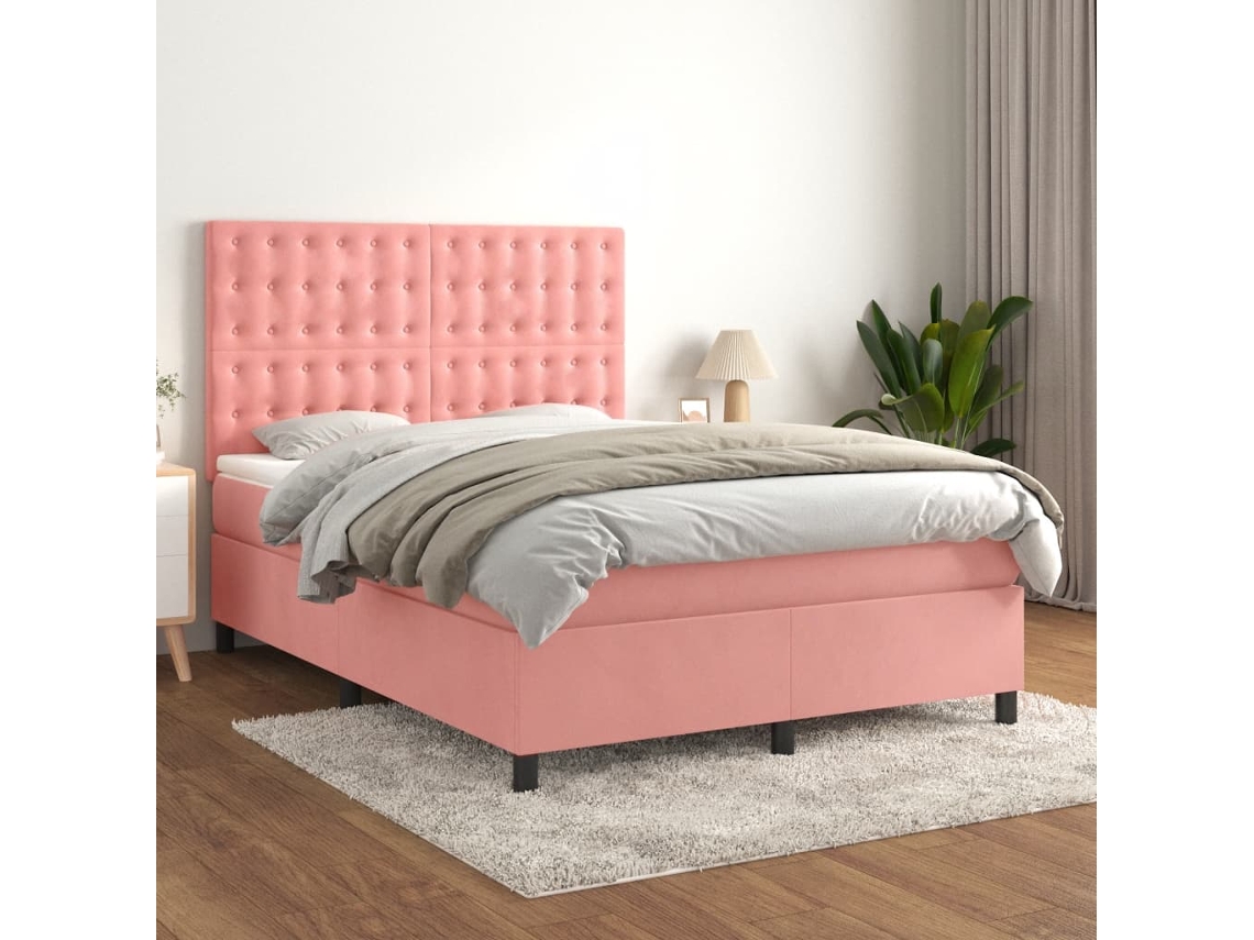 Vidaxl Cama Com Molas/colchão 140x200 Cm Veludo Rosa