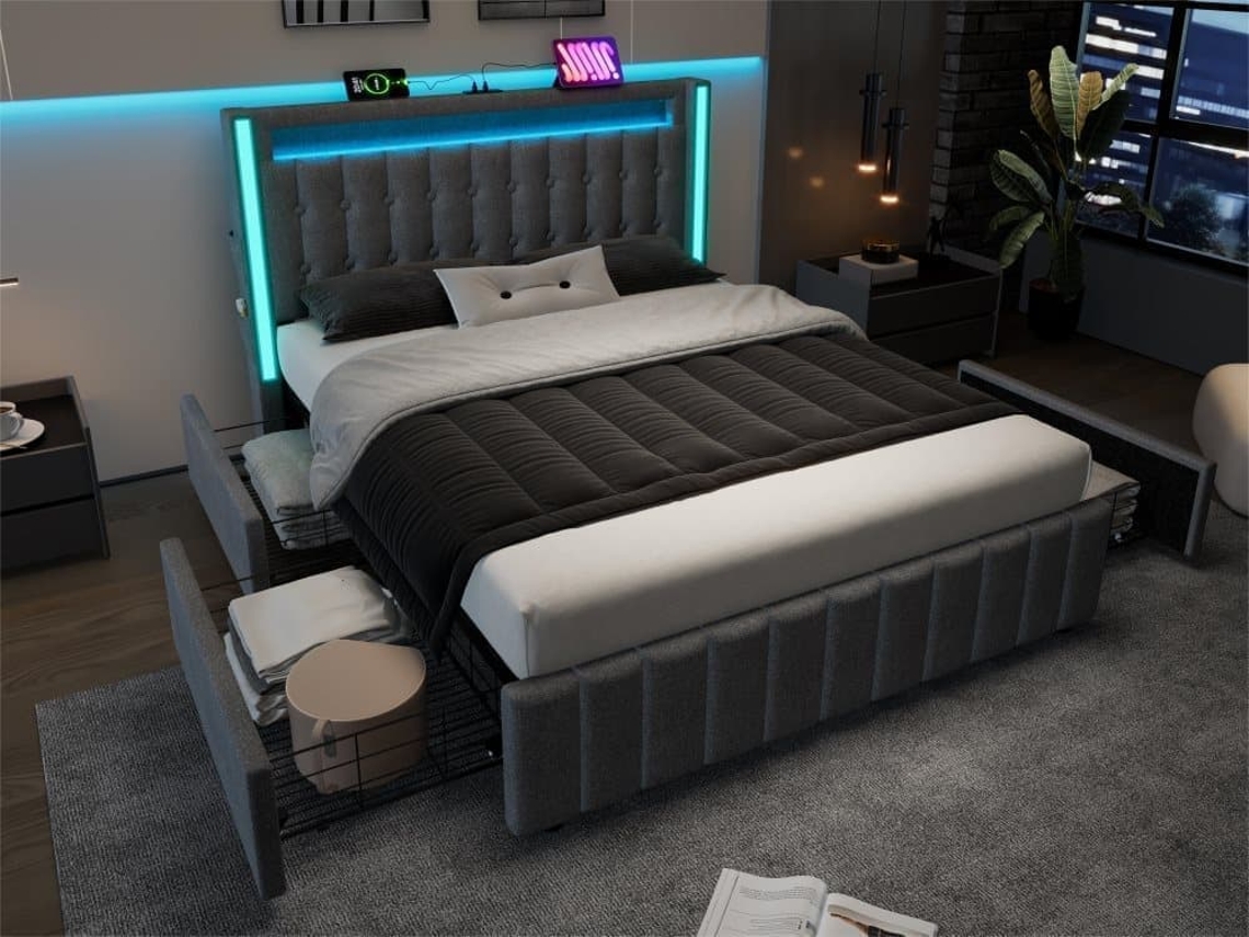 Cama Com 2 Gavetas 160x200cm Estofada Em Linho - Com Função De Carga E Iluminação Led - Cinzento