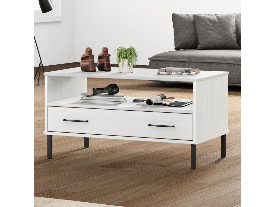 Vidaxl Mesa De Centro Com Pernas De Metal Madeira Maciça Oslo Branco