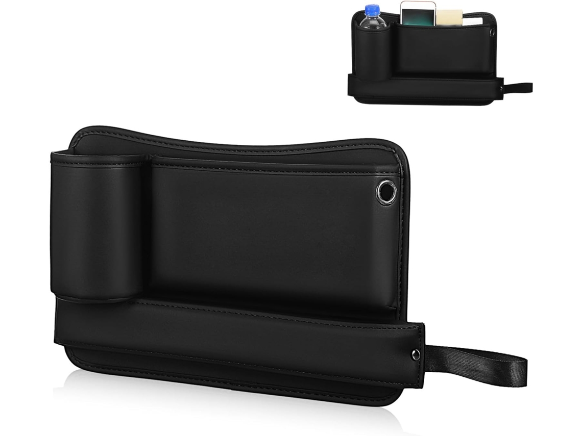 Organizador de assento de carro com porta-copos, prático para espaços de pré-escolares.