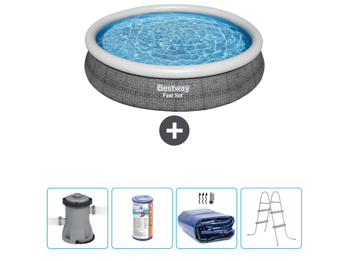 Piscina Inflável Redonda BESTWAY de Conjunto Rápido Estampa de Rattan 366 X 76 Cm Incluindo Bomba Filtro Vela Solar Escada