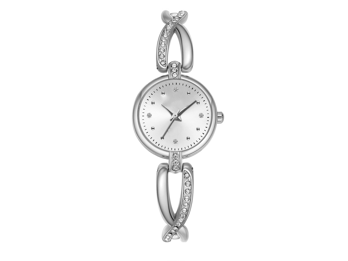 Relógio de Pulso Feminino de Quartzo com Pulseira de Liga e Strass Prata+branco