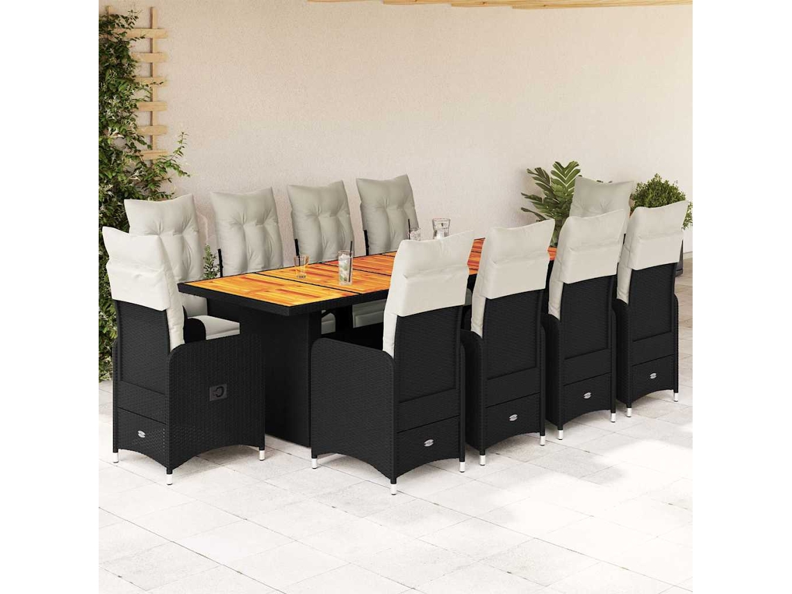 Vidaxl 11 Pcs Conjunto de Bistrô P/ Jardim C/ Almofadões Vime Pe Preto