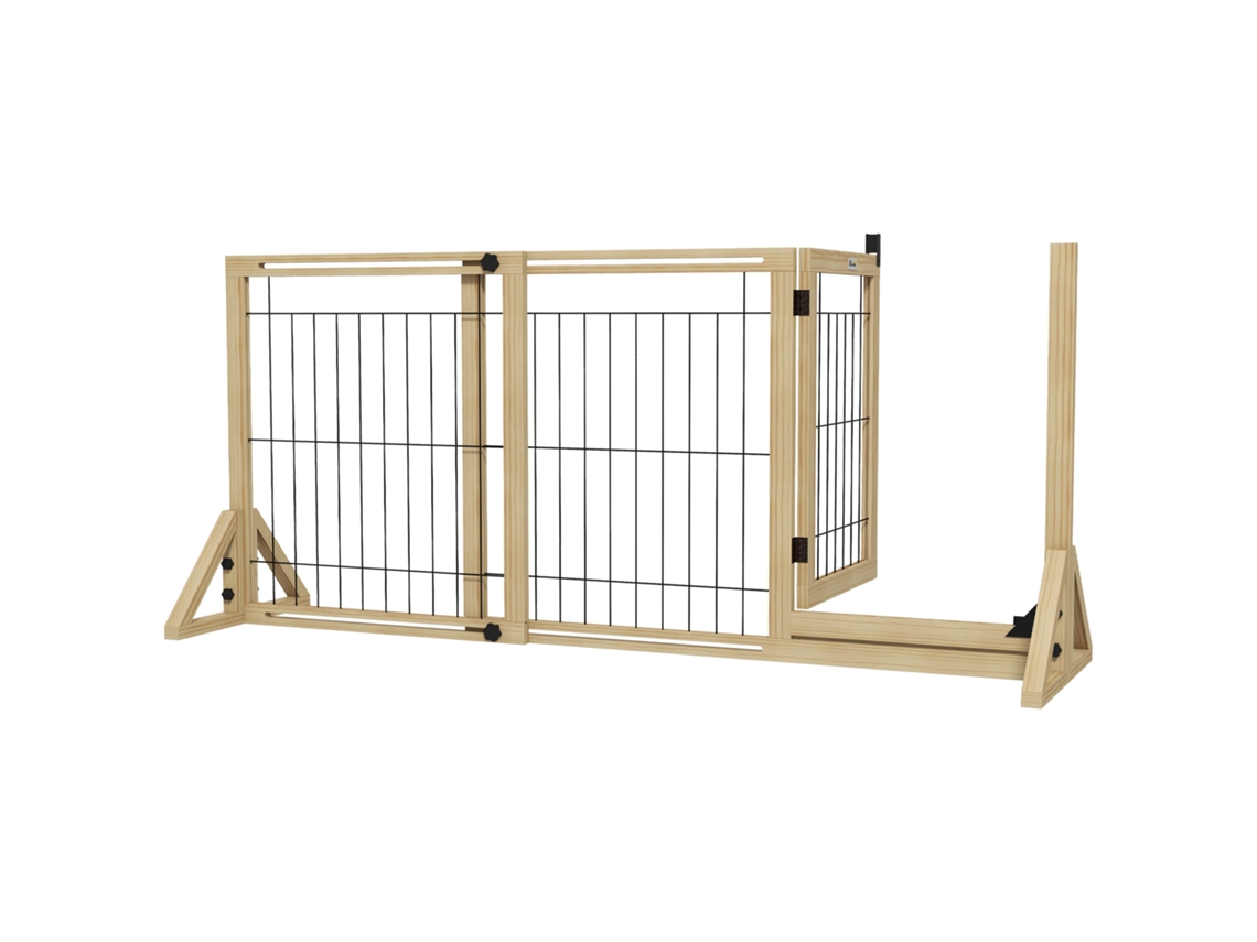 Barreira de Segurança para Cães Extensível de 2 Painéis e Pés de Apoio Triangular 112 159x44x70 Cm Madeira Ge