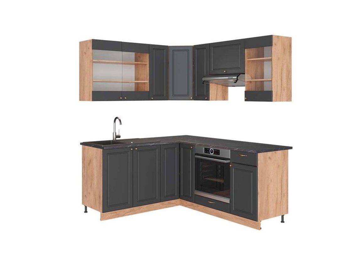 Cozinha de canto Fame-Line, 160 x 190 cm, PT Antracite, Country Antracite/Carvalho Dourado, Vicco