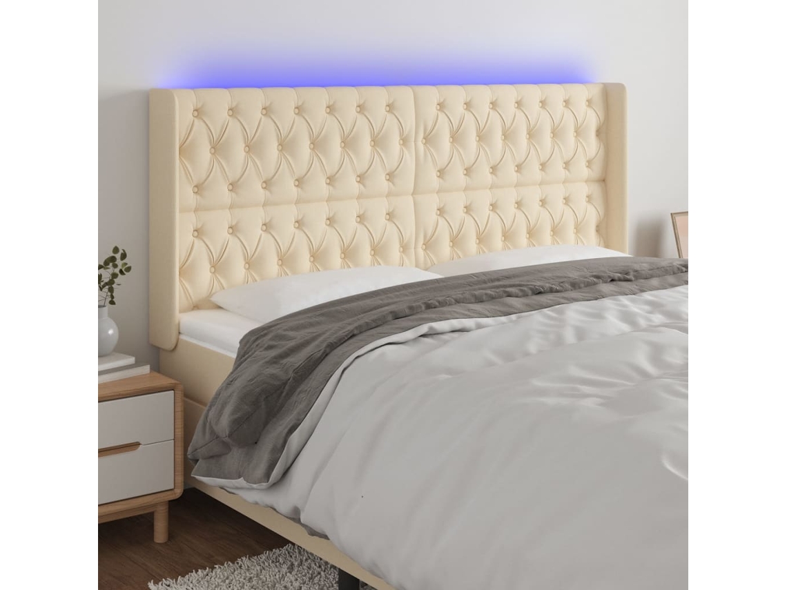 Vidaxl Cabeceira Cama C/ Luzes Led Tecido 183x16x118/128 Cm Cor Creme