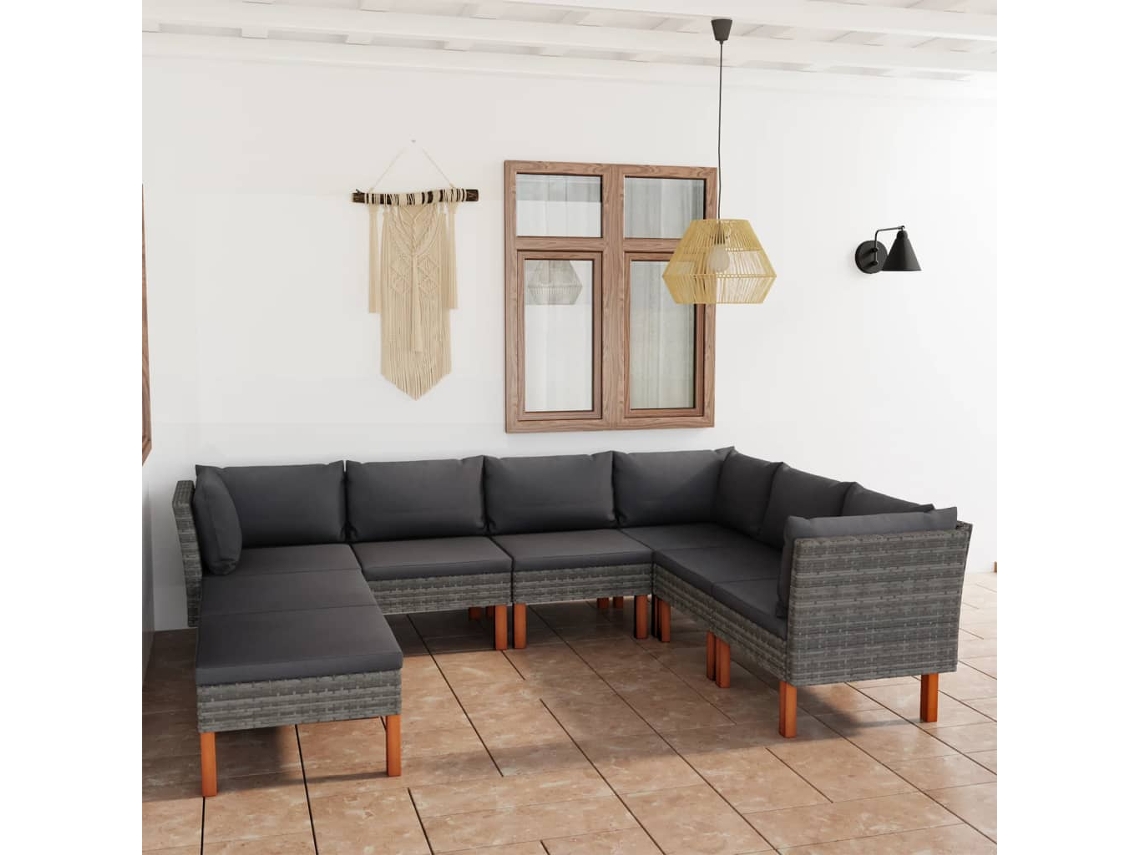 Vidaxl 8 Pcs Conjunto Lounge De Jardim C/ Almofadões Vime Pe Cinzento