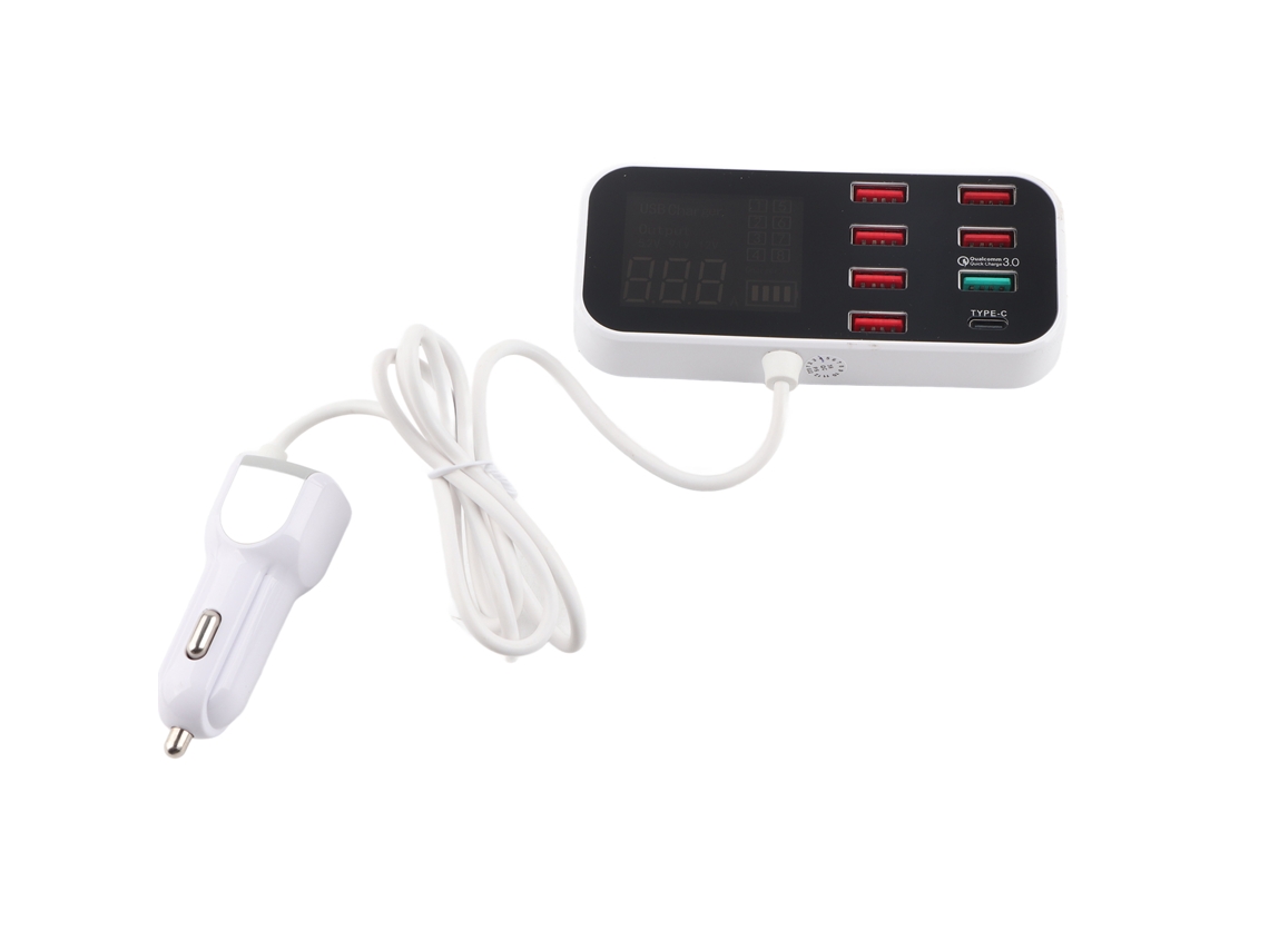 Carregador de Carro 8 Portas Usb Pd Qc 3.0 Type C com Display Lcd