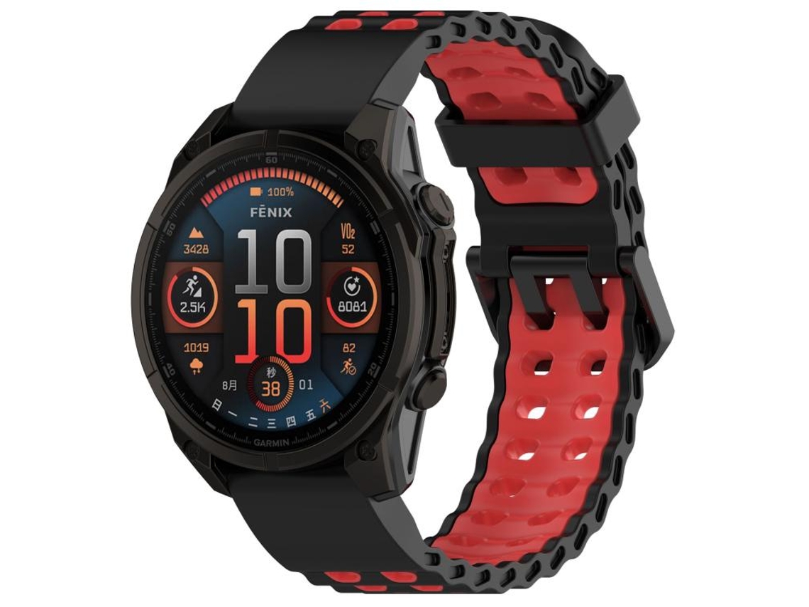 Bracelete Para Garmin Ocean (26mm) - Silicone Bicolor - Fivela Dupla Preto E Vermelho