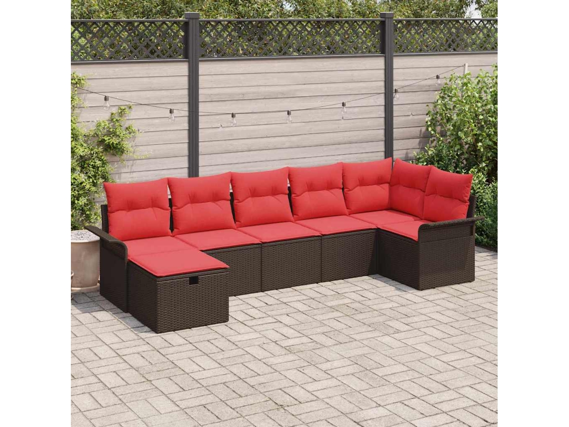 Vidaxl Conjunto De Sofá De Jardim 7 Unid. Marrom E Vermelho Vime Pe