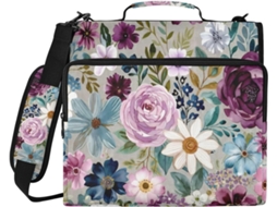 Pasta organizadora com 3 argolas de 8 cm de altura, estampa floral Roxa Boêmia, para diversas bolsas e estojo para laptop.