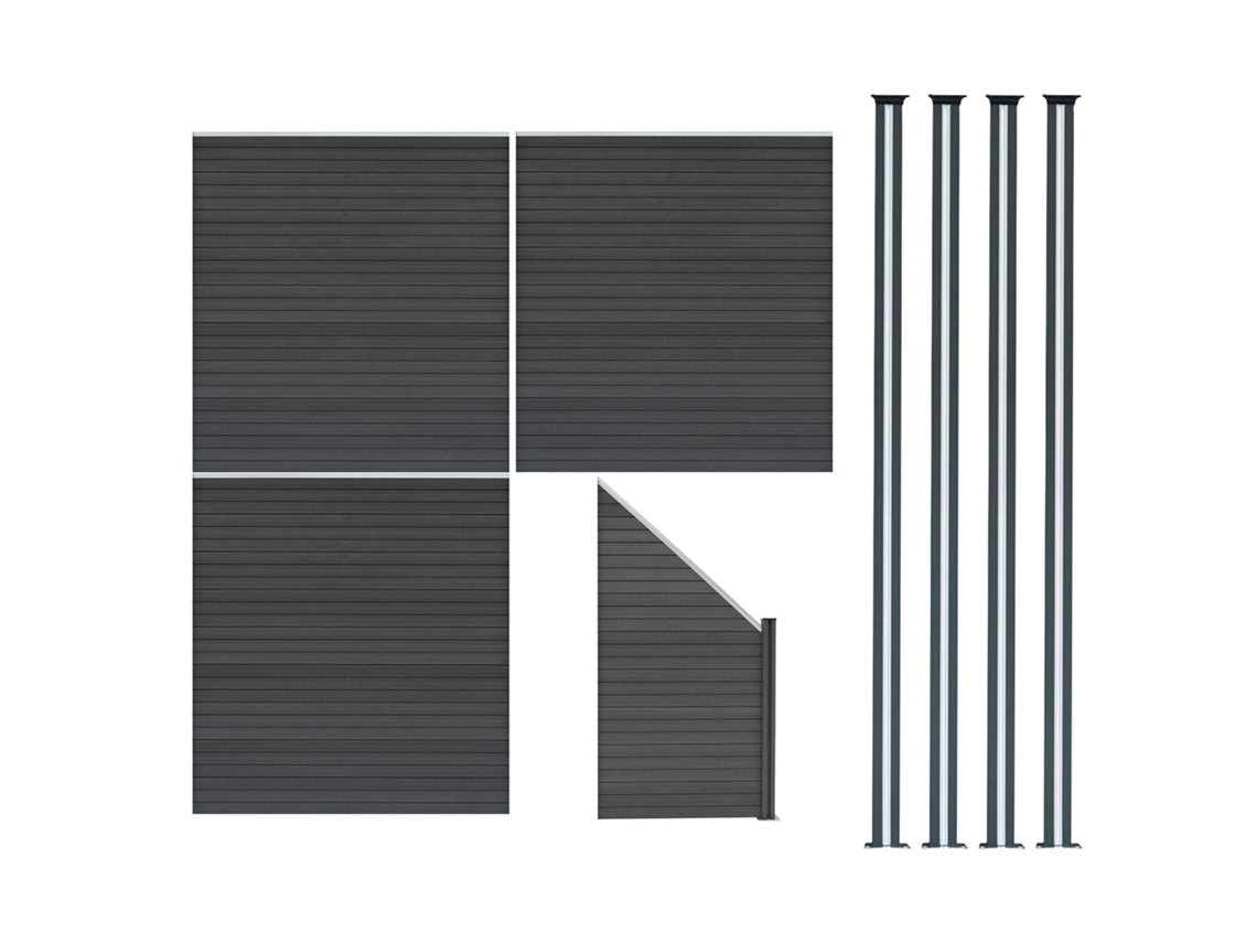Vedao Exterior Wpc 185x619cm | Cinza | 3xpainis Reto 1x Oblquo 4 Postes C/led Solar | Painel Dupla Face | Design Monstershop