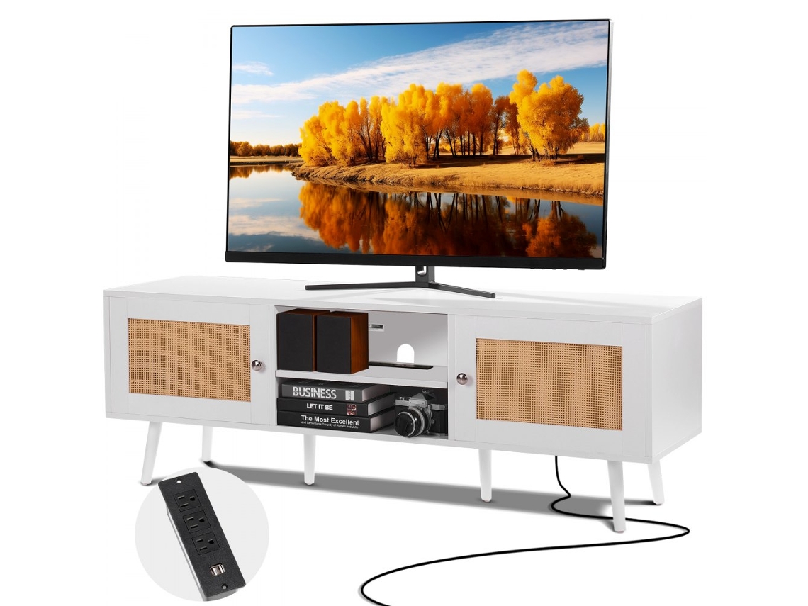 Conjunto De Móveis Para Tv Em Rattan Com Porta, Usb E Tomada Integrada Até 65 Tekmaquinas