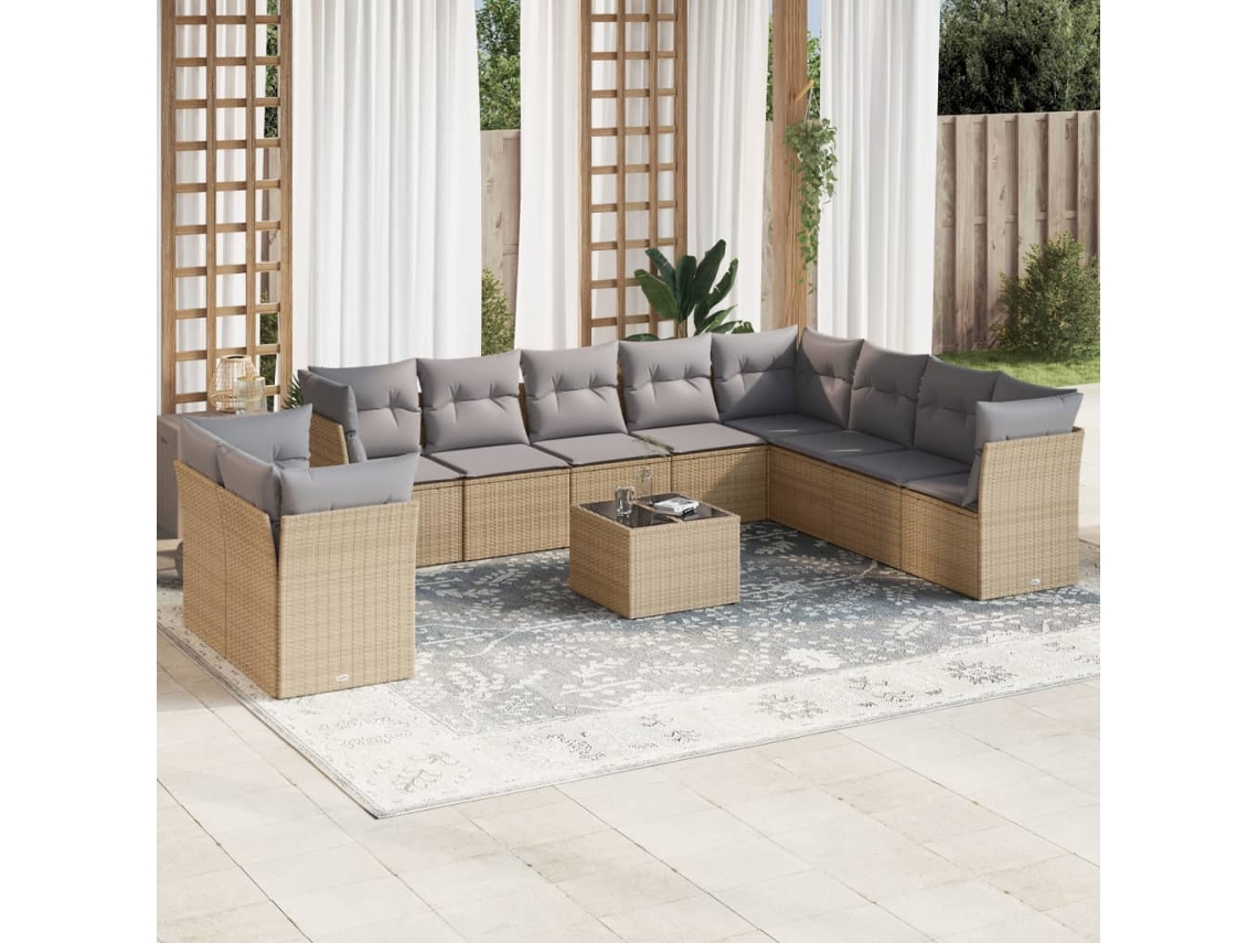 Vidaxl 11 Pcs Conjunto Sofás De Jardim C/ Almofadões Vime Pe Bege