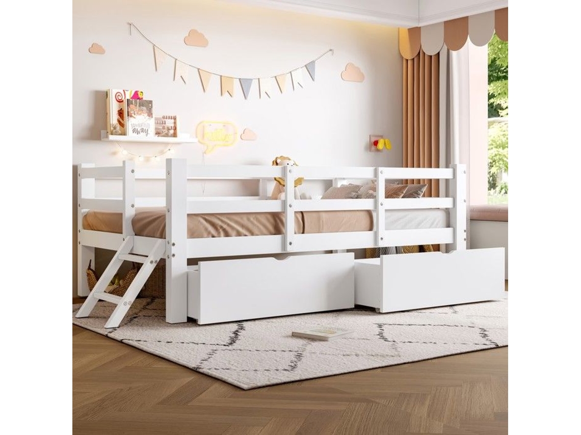 Cama Simples De Madeira 90x200 Com Proteção De Cama E 2 Gavetas Brancas Para Crianças
