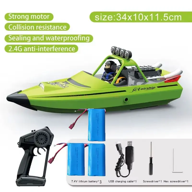 (verde, 3 baterias) Barco elétrico turboalimentado de alta velocidade com controle remoto Semi Fio 2.4g