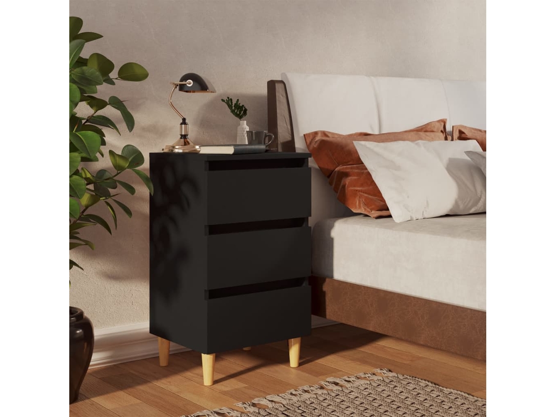 Vidaxl Mesa De Cabeceira C/ Pernas De Madeira 40x35x69 Cm Preto