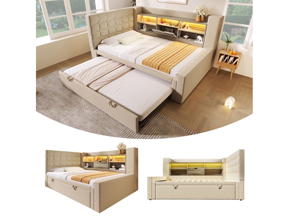 Cama Estofada Bege 90x200 Cm Beliche 90x190 Cm Led Cabeceira Arrumação