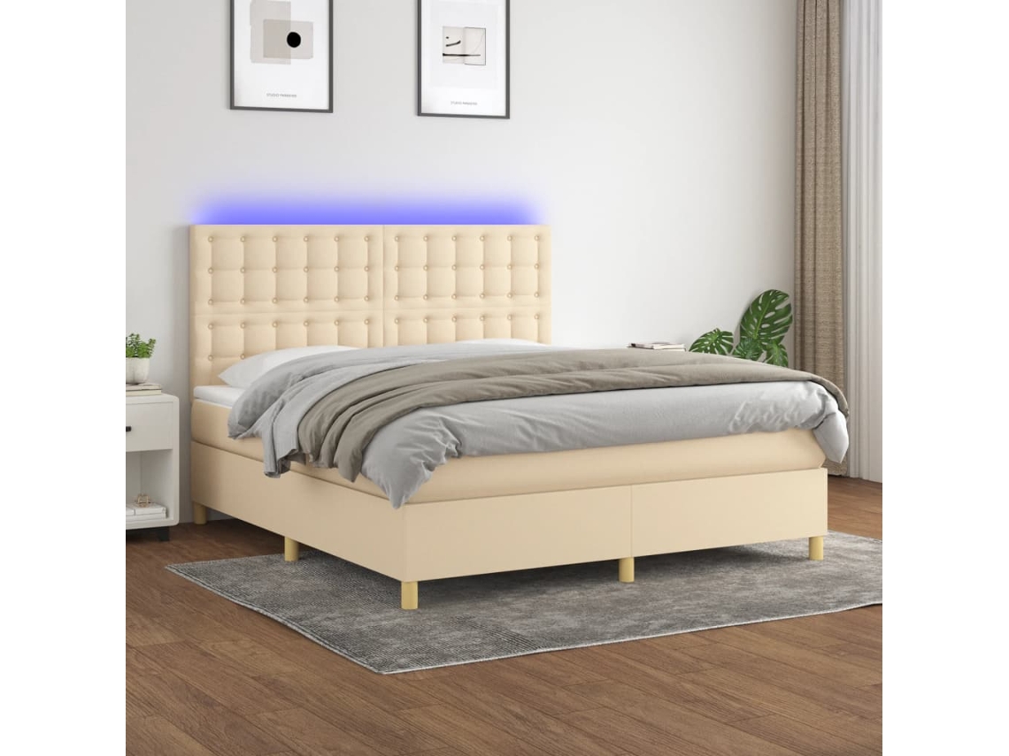 Vidaxl Cama Box Spring C/ Colchão E Led 160x200 Cm Tecido Cor Creme