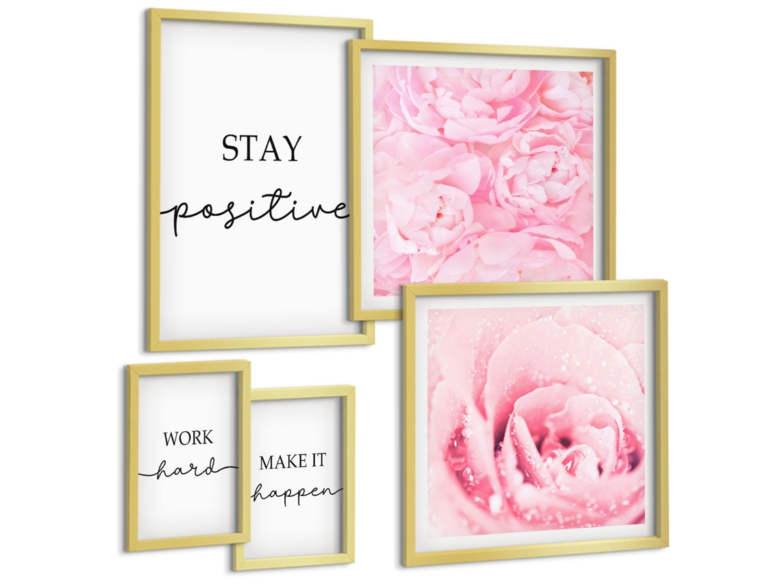 Conjunto De Pinturas Frases Motivacionais Com Flores Espelharte (5 Peças)