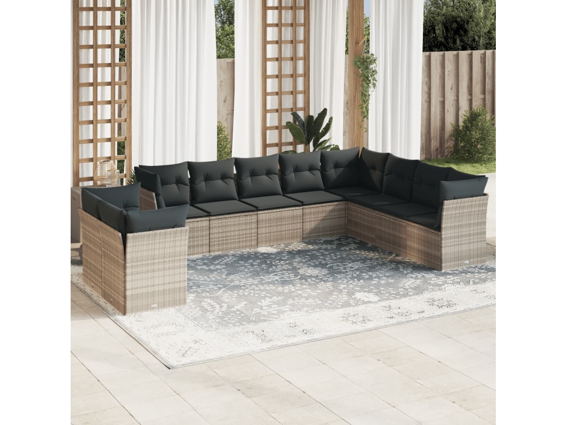 Vidaxl 10 Pcs Conj. Sofás Jardim com Almofadões Vime Pe Cinzento claro