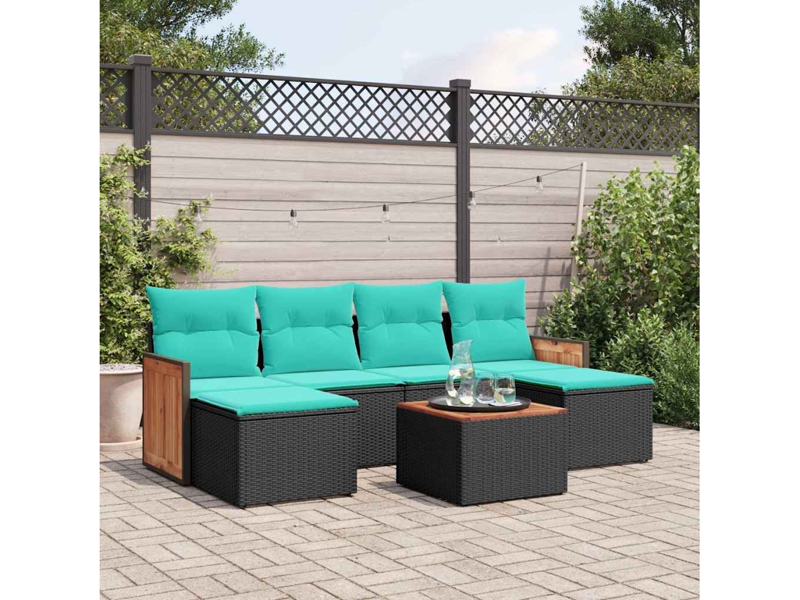 Vidaxl Conjunto De Sofá De Jardim Com 7 Peças E Almofadas Em Rattan Sintético Preto