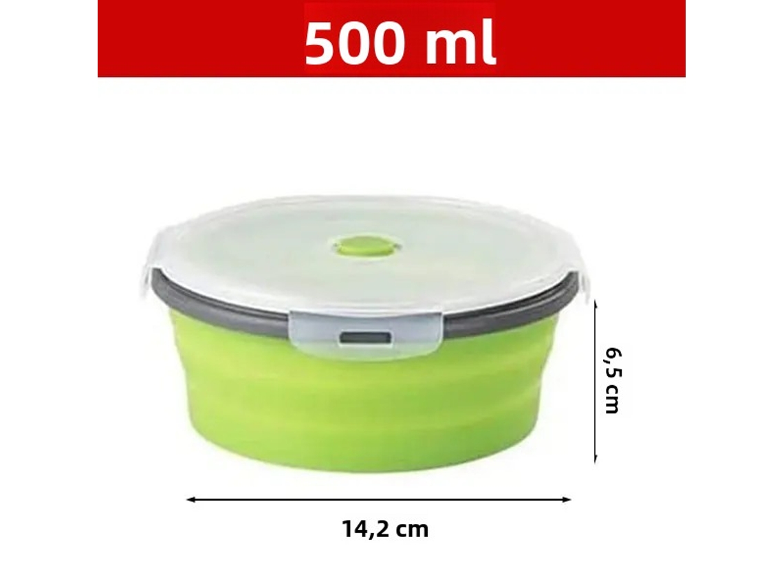 (verde 500ml) Lancheira Redonda De Silicone, Dobrável Com Tampa, Portátil E Própria Para Micro-ondas.