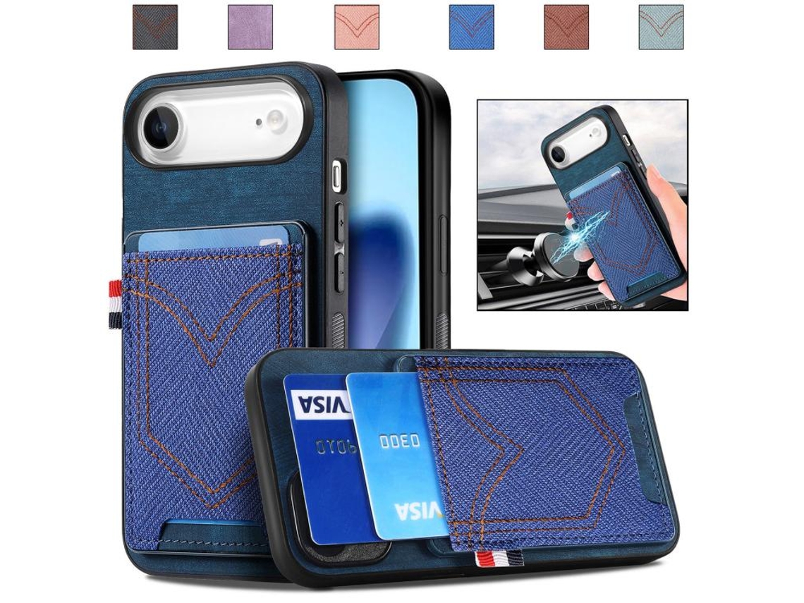 Capa Para Iphone 17 Air - Couro Com Textura De Jeans E Compartimentos Para Cartões