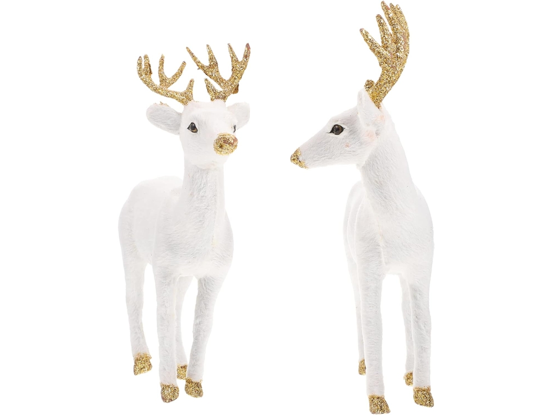 Conjunto De 2 Estatuetas Decorativas De Pelúcia Representando Cervos Sika Brancos.