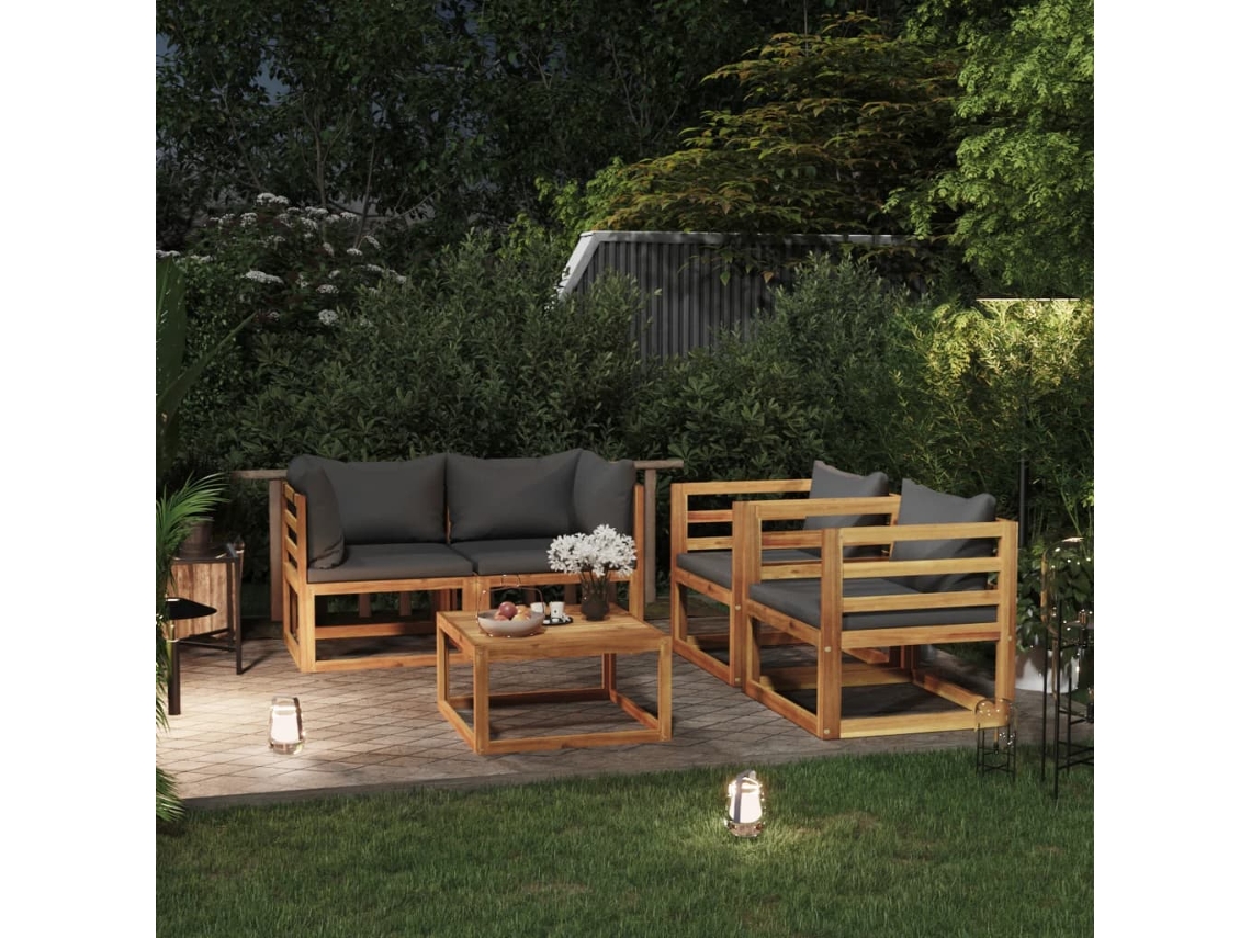 Vidaxl 5 Pcs Conjunto Lounge De Jardim C/ Almofadões Acácia Maciça