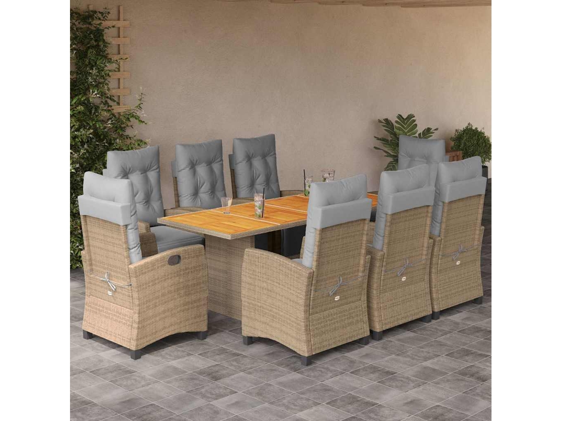 Vidaxl 9 Pcs Conj. Jantar Jardim C/ Almofadões Vime Pe Bege Misturado