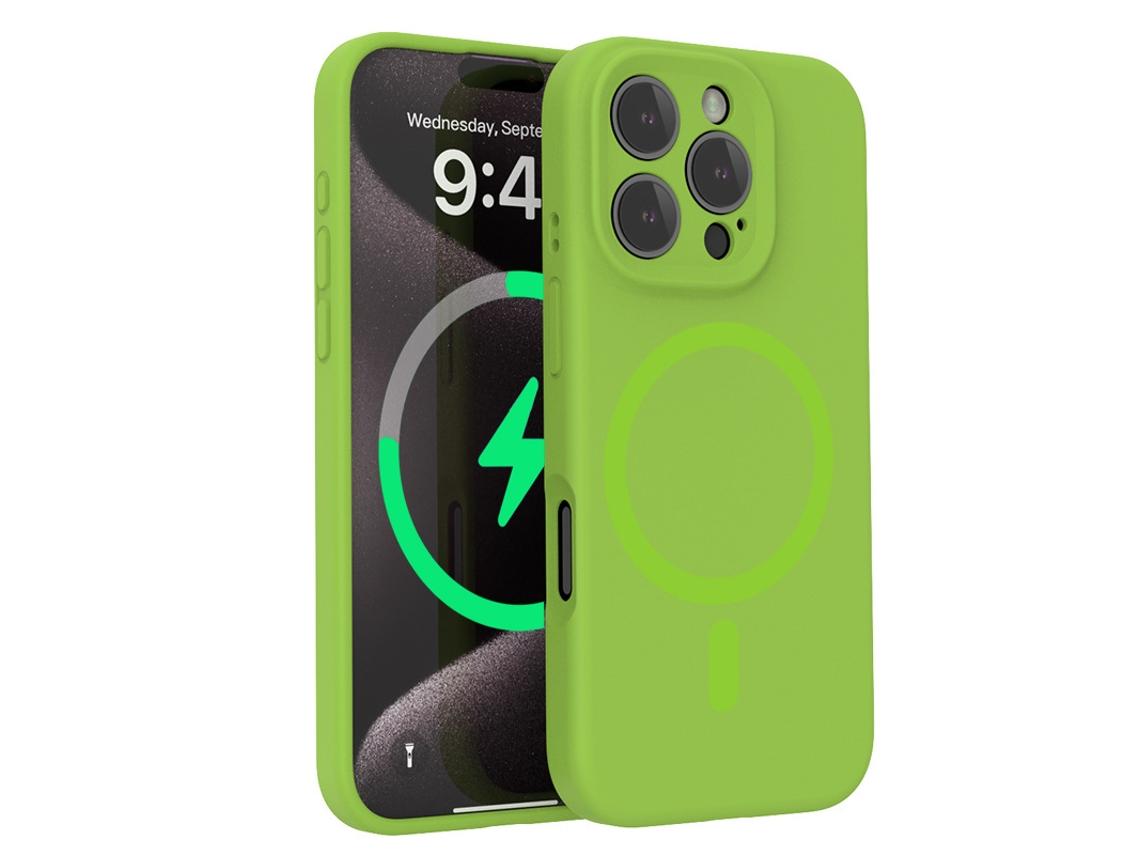 Capa Para Iphone (verde-amarelo, Iphone 14 Pro), Em Silicone Líquido, Com Proteção Para A Lente E Forte Fixação Magnética.