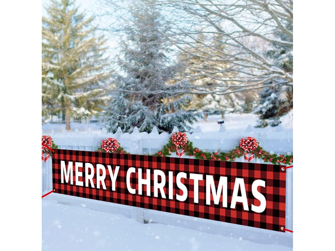 Banner Grande de Feliz Natal com Padrão de Árvore de Natal de Boneco de Neve para Festa de Natal 9,8 X 1,6 Pés Xadrez de Búfalo -2