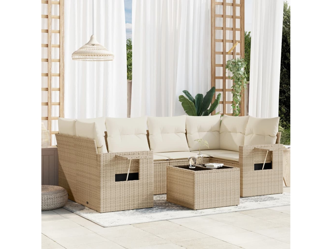 Vidaxl 7 Pcs Conjunto De Sofás P/ Jardim Com Almofadões Vime Pe Bege
