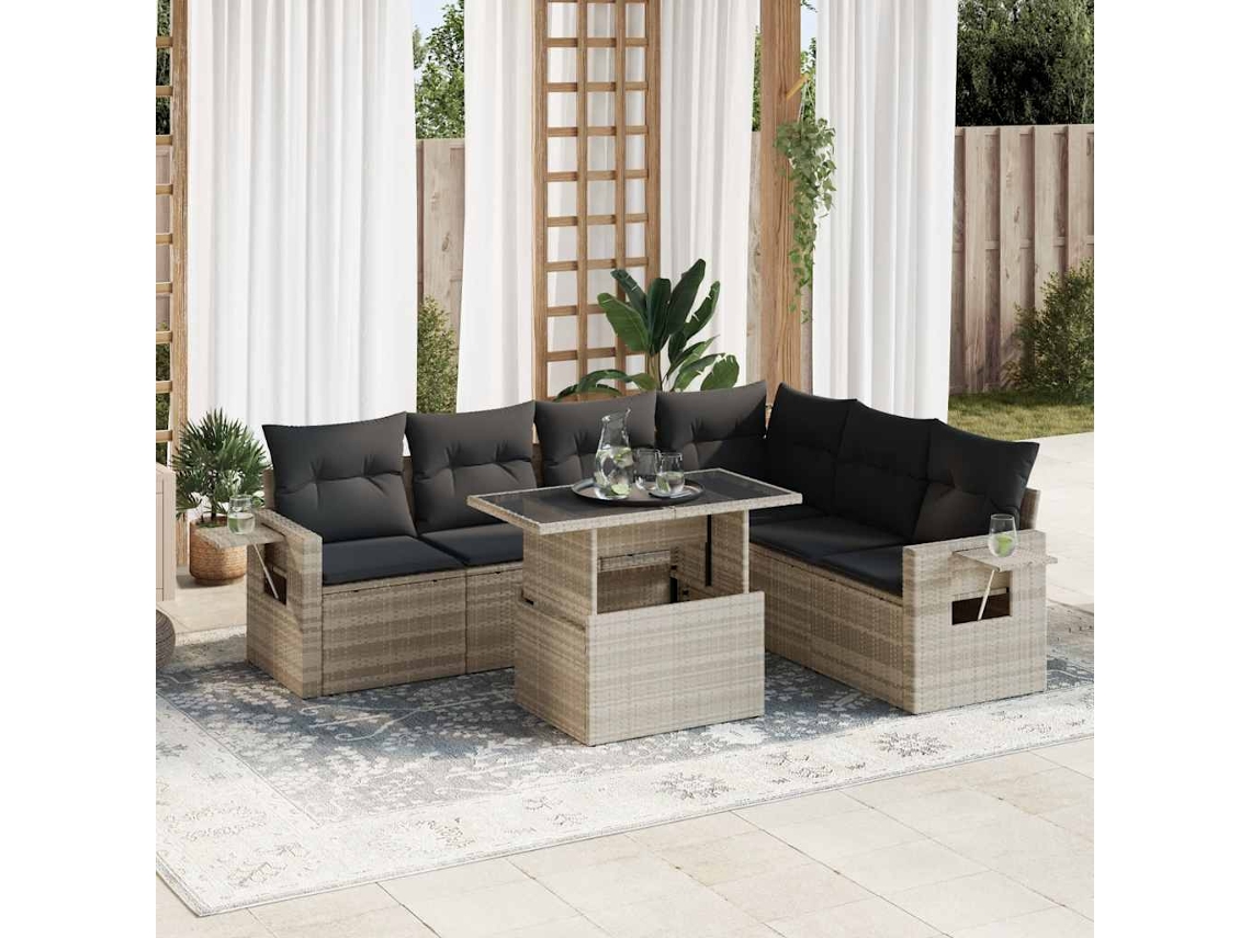 Vidaxl 7 Pcs Conj. Sofás Jardim Com Almofadões Vime Pe Cinzento-claro