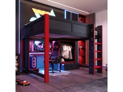 Hochbett 140x200 Cm Com Led Gaming Escrivaninha Armário Gavetas Preto Vermelho