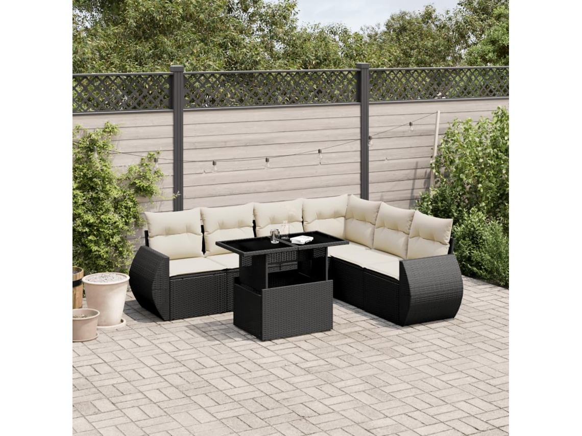 Vidaxl 7 Pcs Conjunto De Sofás P/ Jardim C/ Almofadões Vime Pe Preto
