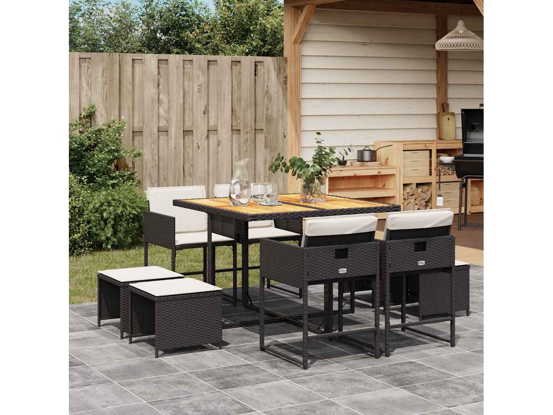 Vidaxl 9 Pcs Conjunto De Jantar P/ Jardim C/ Almofadões Vime Pe Preto