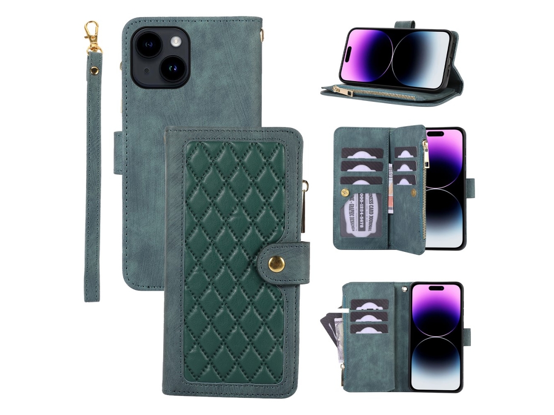 Capa Para Iphone 15 Pele Sintética Com Porta-cartões Verde