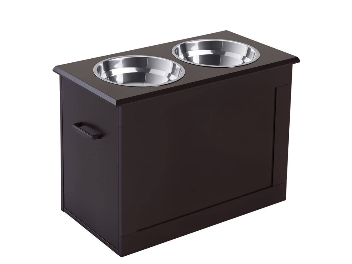 Tigela Dupla para Cães/gatos Elevada 60x30x41cm, 2 Tigelas 2l, Suporte de Madeira Chocolate Ge