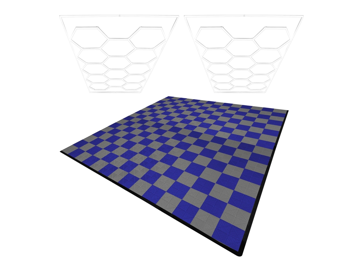Luminárias de teto em polipropileno com bordas cinza (x120) e azul (x120). Luminária de teto LED hexagonal (x2). Monstershop (240).