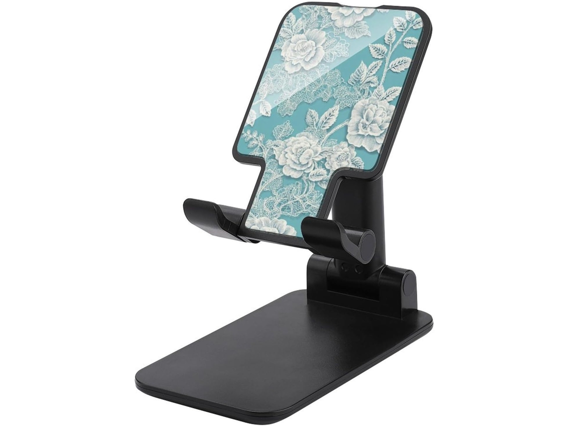 Suporte Dobrável E Ajustável Para Celular Em Renda Com Flores Brancas Sobre Fundo Azul Pastel