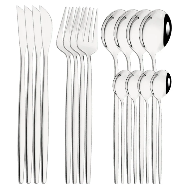 Talheres de Aço Inoxidável, Incluindo Faca, Garfo, Colher de Café, Uso Doméstico MDUG (prata, Conjunto de 16 Peças)