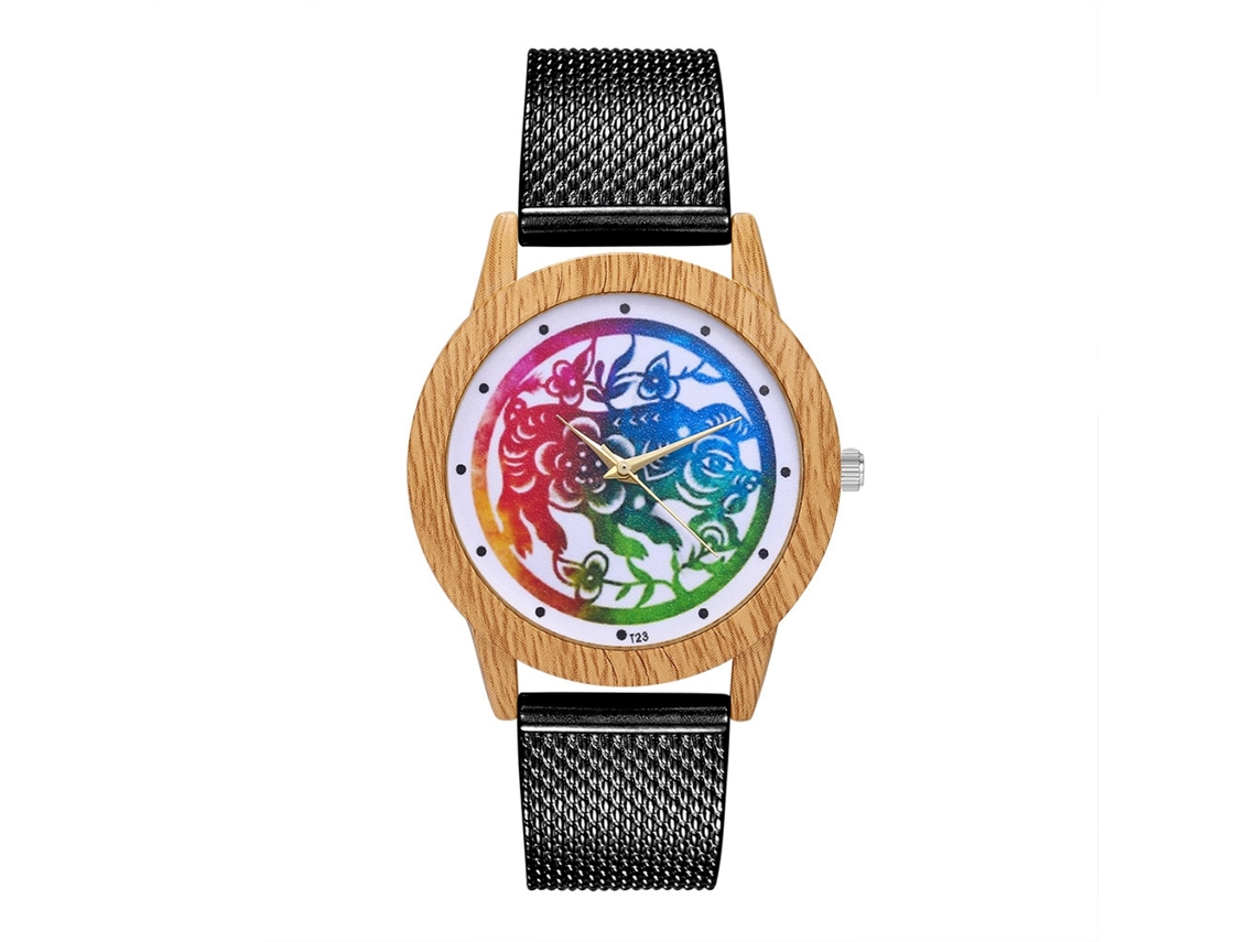 Relógio de pulso analógico de quartzo Zhoulianfa com pulseira de malha colorida (preto)