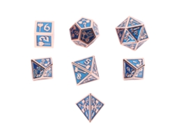 Conjunto Mali de 7 dados poliédricos de metal para jogos de tabuleiro, com números e portateis transparentes.