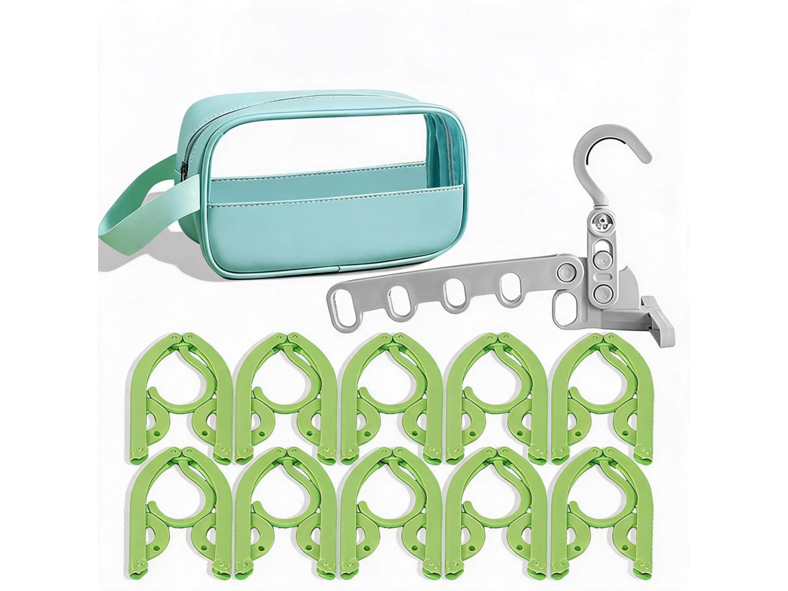 Conjunto Cabides CHRUI Dobráveis Viagem 10 Cabides + Cabide 5 Furos + Bolsa (verde)