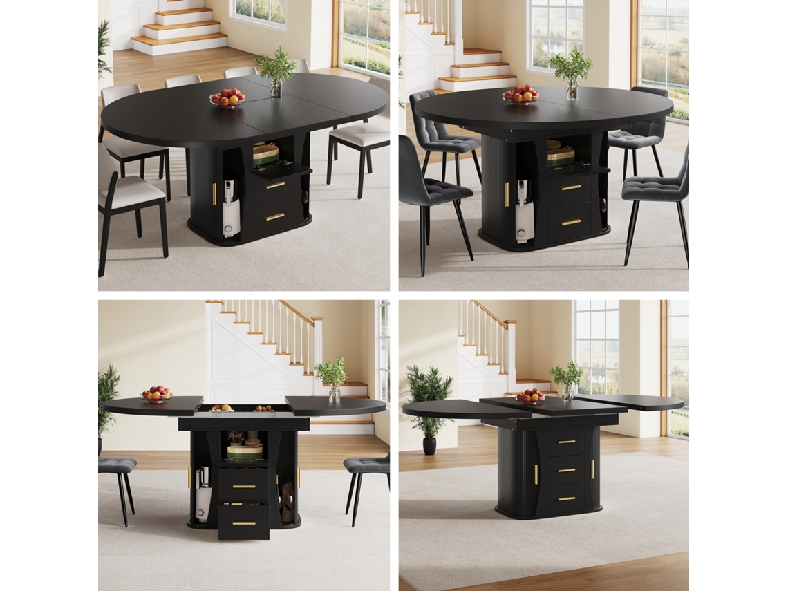 Mesa De Jantar Extensível, Redonda A Oval, 118-158 Cm, Para 6 Pessoas, Preto.