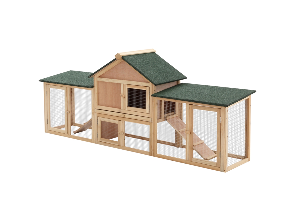 Coelheira De Exterior Grande Gaiola De Madeira Para 2-4 Com Teto Asfáltico Recinto De Arame Bandeja Removível E Rampas 210x45,5x84,5cm Natural